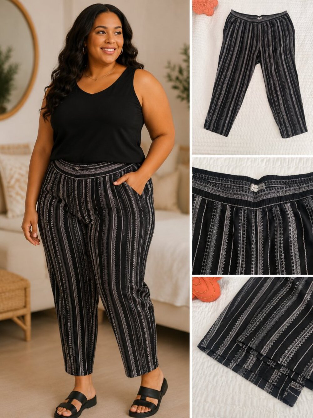 Jessica Simpson Black Boho Stripe Pants | Relaxed Tapered Leg | Plus Size 2XL